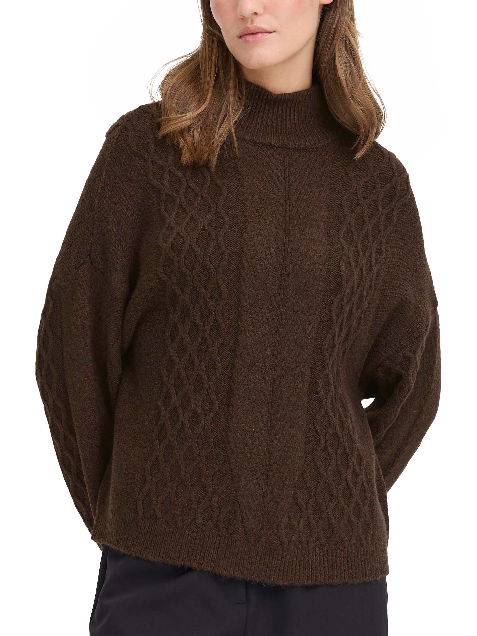 Product image 1 of 7, which shows ICHI Mylle Textured Roll Neck Jumper, Coffee Bean, XS
