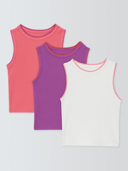 John Lewis Kids' Contrast Stitch Ribbed Vest Tops, Pack of 3, Multi, Multi