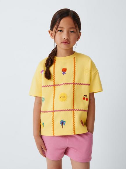 John Lewis Kids' Summer Embroidered T-Shirt, Yellow, Yellow