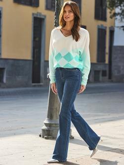 Sosandar V-Neck Argyle Jumper, Aqua Blue/White - view 2, Aqua Blue/White