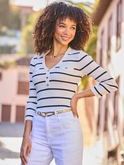 Sosandar Ribbed Stripe Jumper, Ivory/Navy, Ivory/Navy