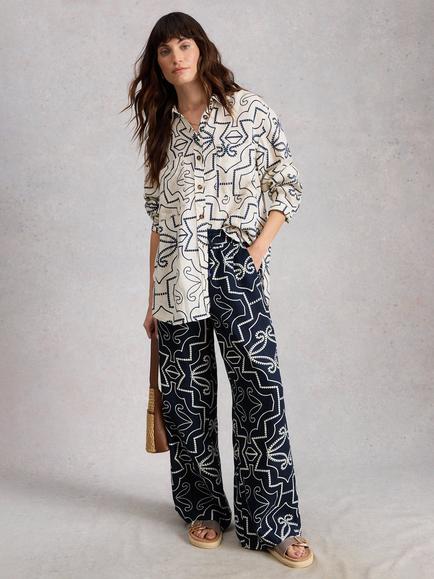 White Stuff Ally Abstract Pure Linen Trousers, Navy/White, Navy/White