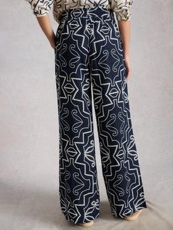 White Stuff Ally Abstract Pure Linen Trousers, Navy/White - view 2, Navy/White