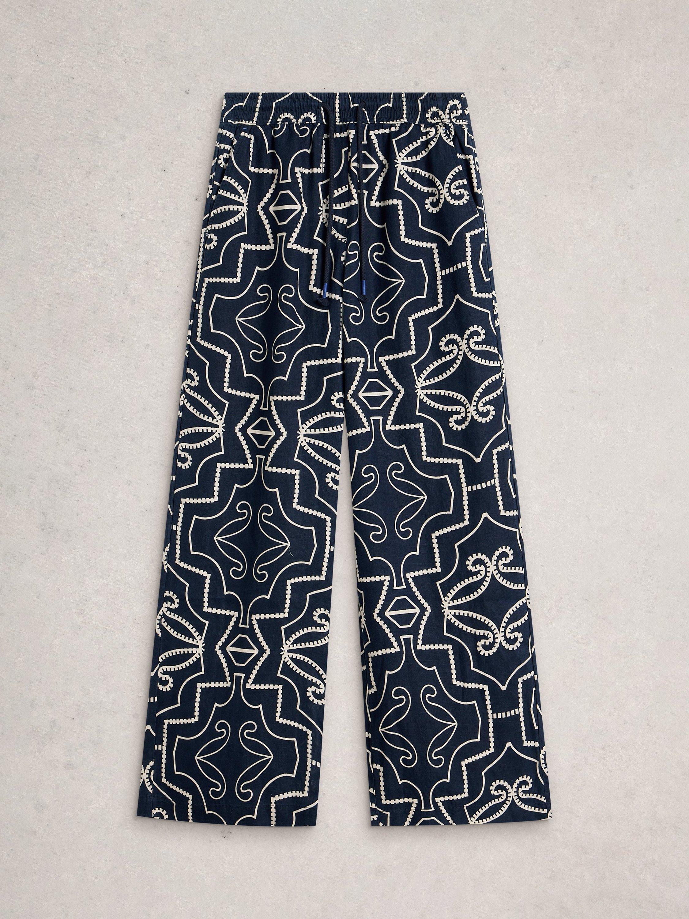 Product image 5 of 6, which shows White Stuff Ally Abstract Pure Linen Trousers, Navy/White, 6S