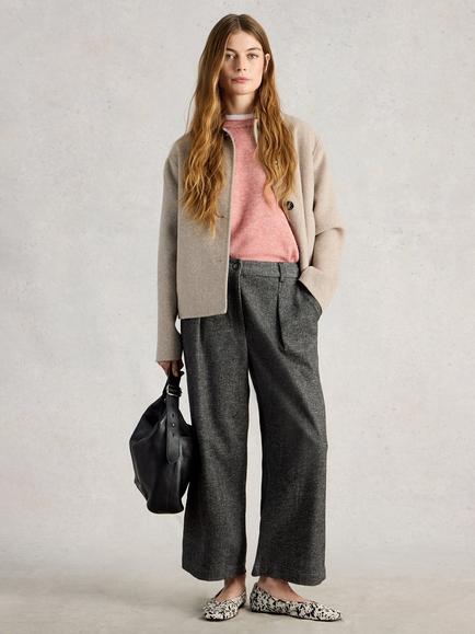 White Stuff Belle Tweed Cropped Wide Leg Trousers, Grey/Multi, Grey/Multi