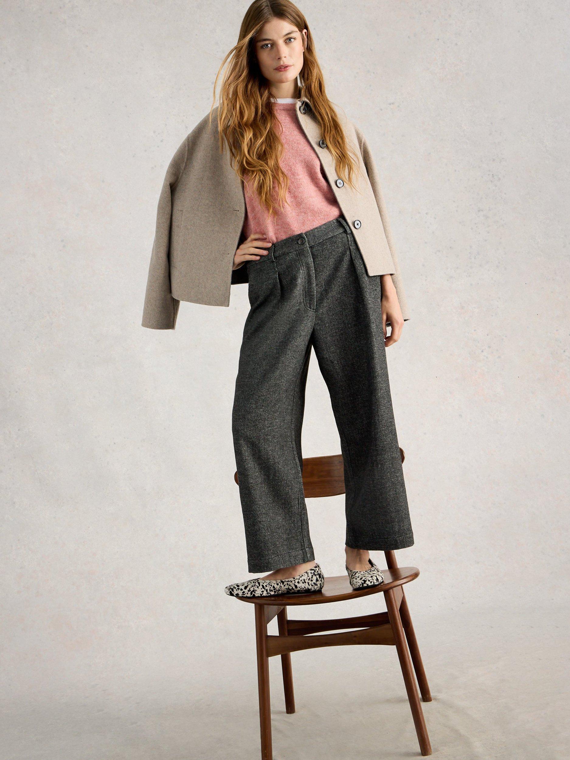 Product image 4 of 6, which shows White Stuff Belle Tweed Cropped Wide Leg Trousers, Grey/Multi, 6S