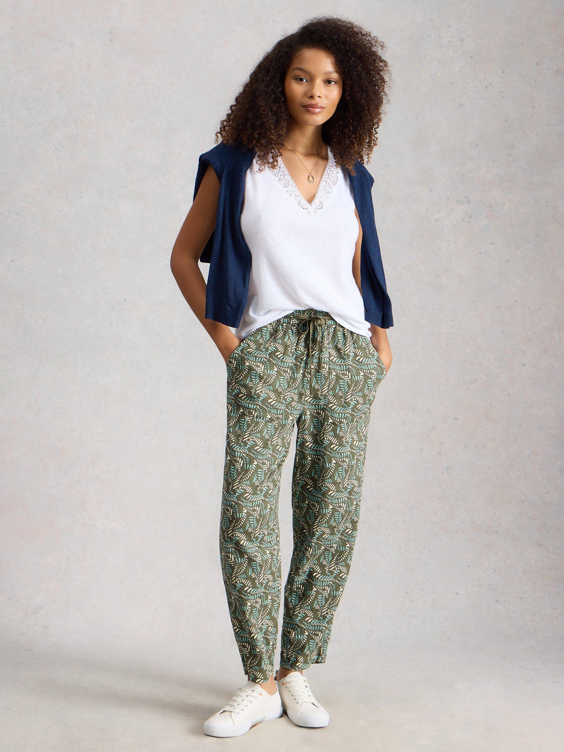 Product image 1 of 6, which shows White Stuff Elle Leaves Linen Blend Trousers, Green/Multi, 6S