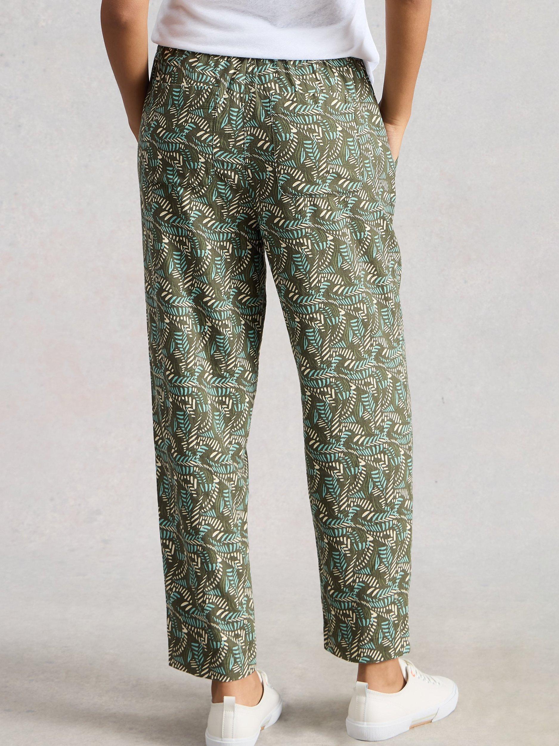 Product image 2 of 6, which shows White Stuff Elle Leaves Linen Blend Trousers, Green/Multi, 6S