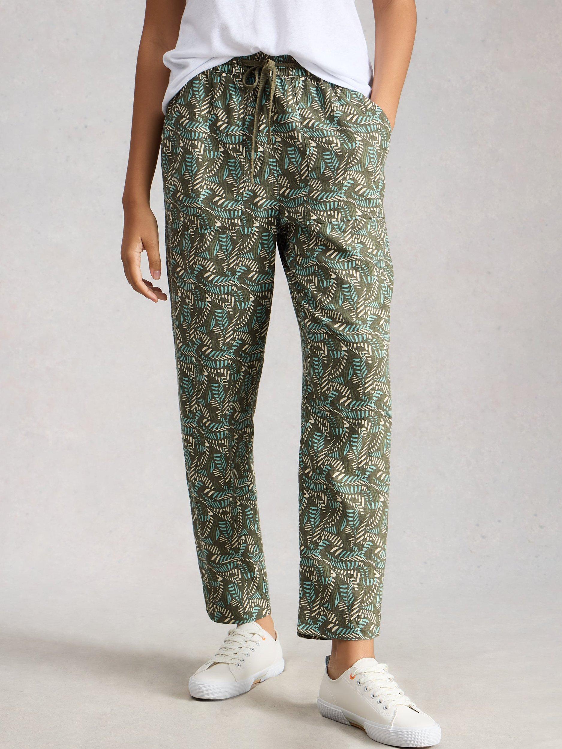 Product image 4 of 6, which shows White Stuff Elle Leaves Linen Blend Trousers, Green/Multi, 6S