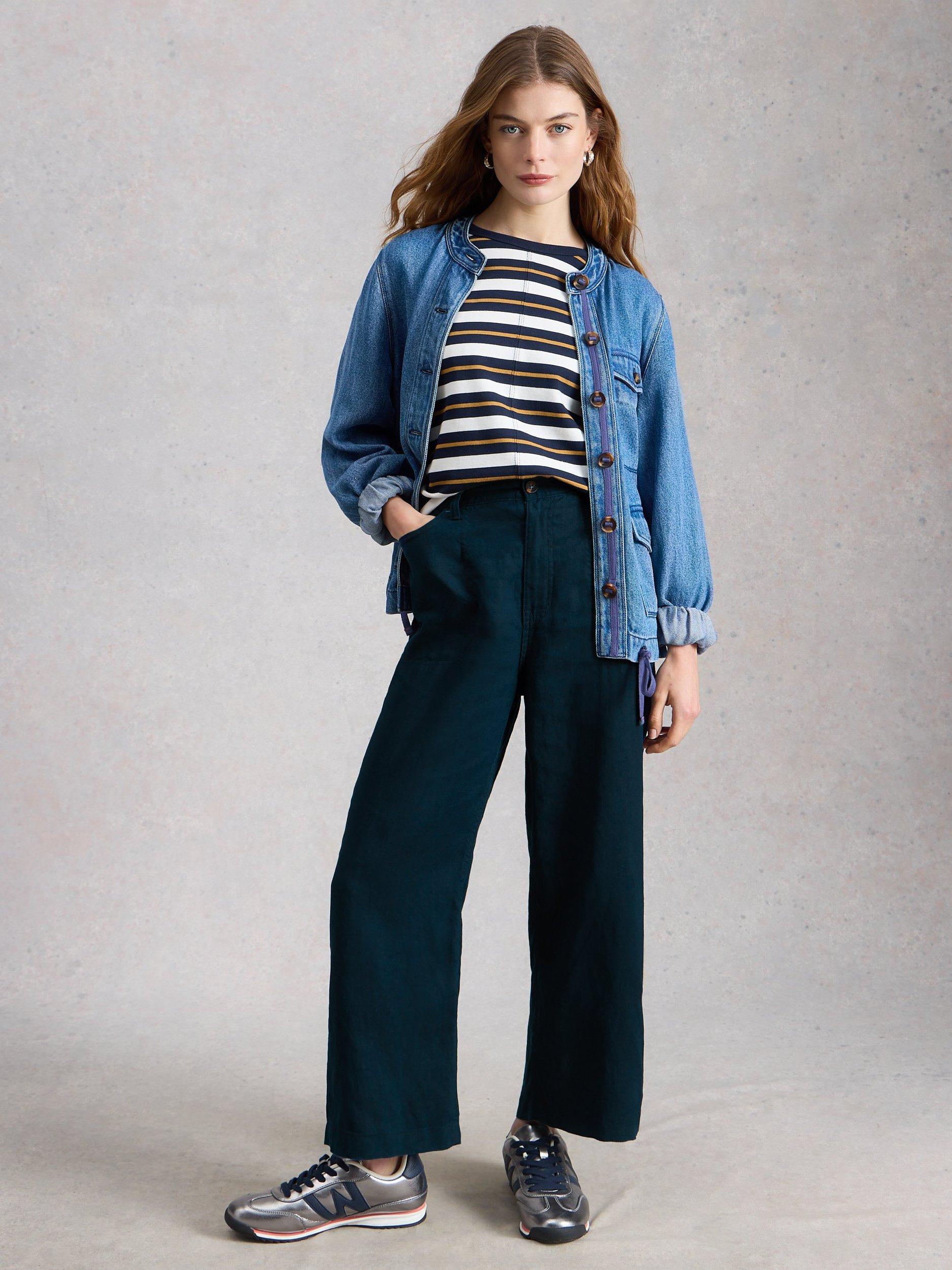 Product image 1 of 6, which shows White Stuff Tia Cropped Pure Linen Trousers, Midnight Blue, 6S