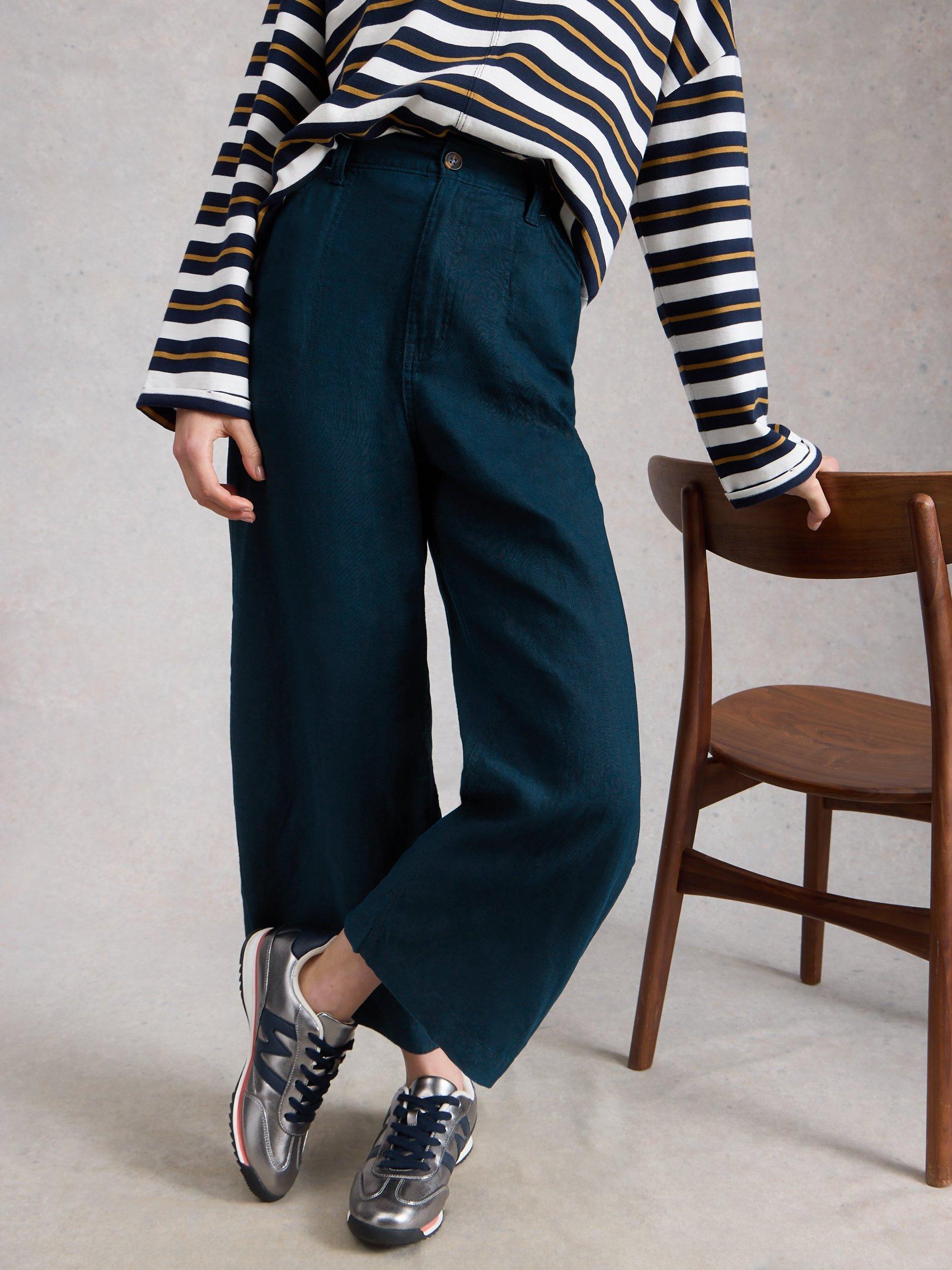 Product image 4 of 6, which shows White Stuff Tia Cropped Pure Linen Trousers, Midnight Blue, 6S