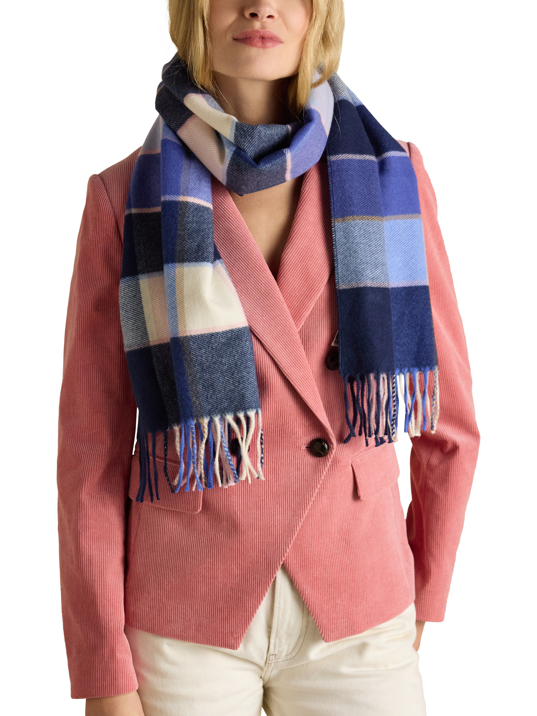 Product image 4 of 5, which shows Joules Langtree Gingham Scarf, Blue/Pink, One Size