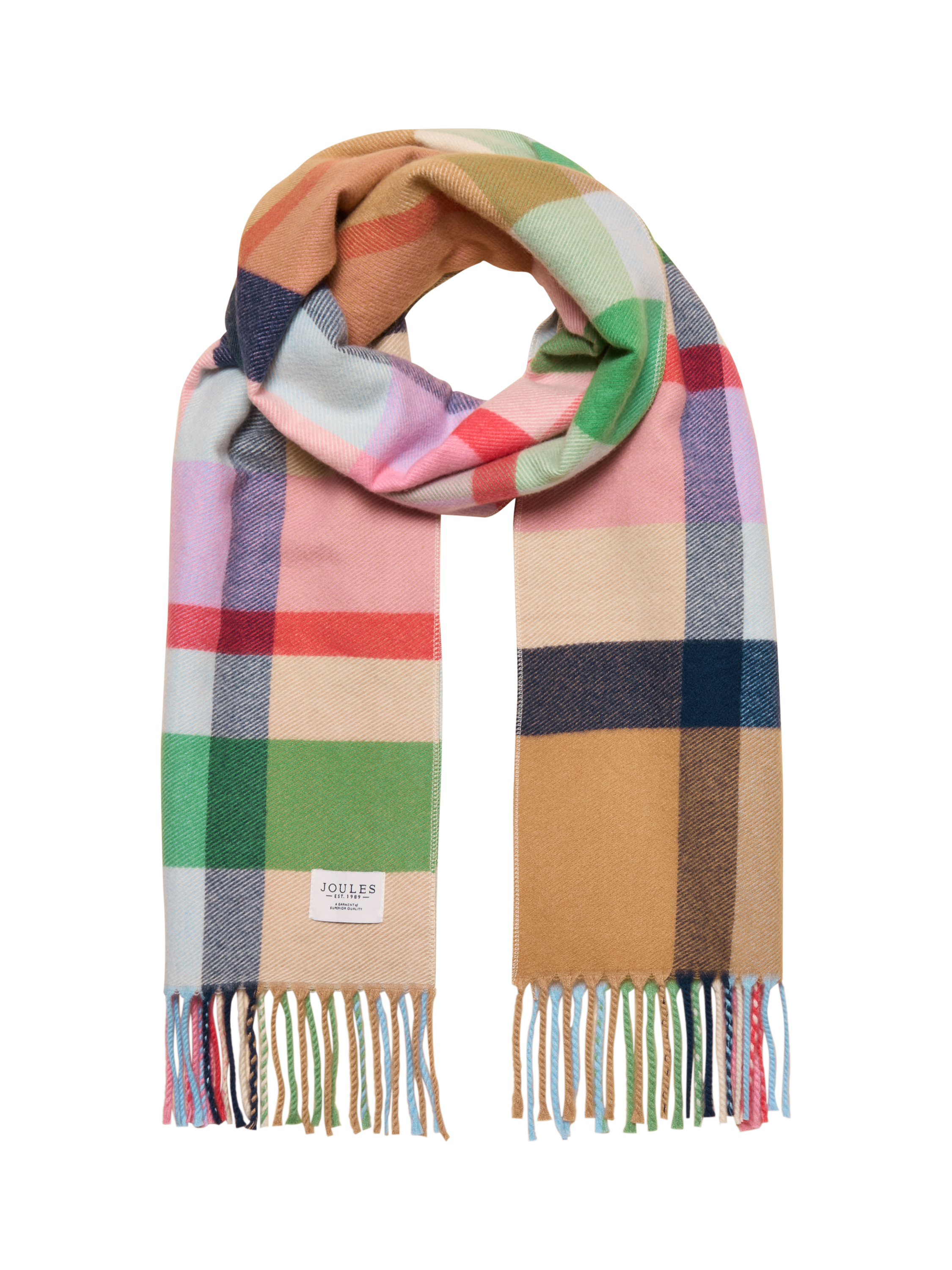Product image 1 of 6, which shows Joules Langtree Check Scarf, Pink/Green, One Size