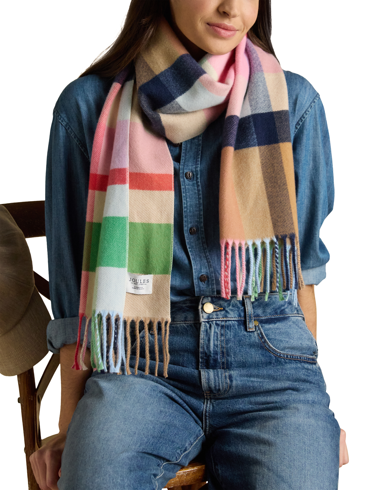 Product image 2 of 6, which shows Joules Langtree Check Scarf, Pink/Green, One Size