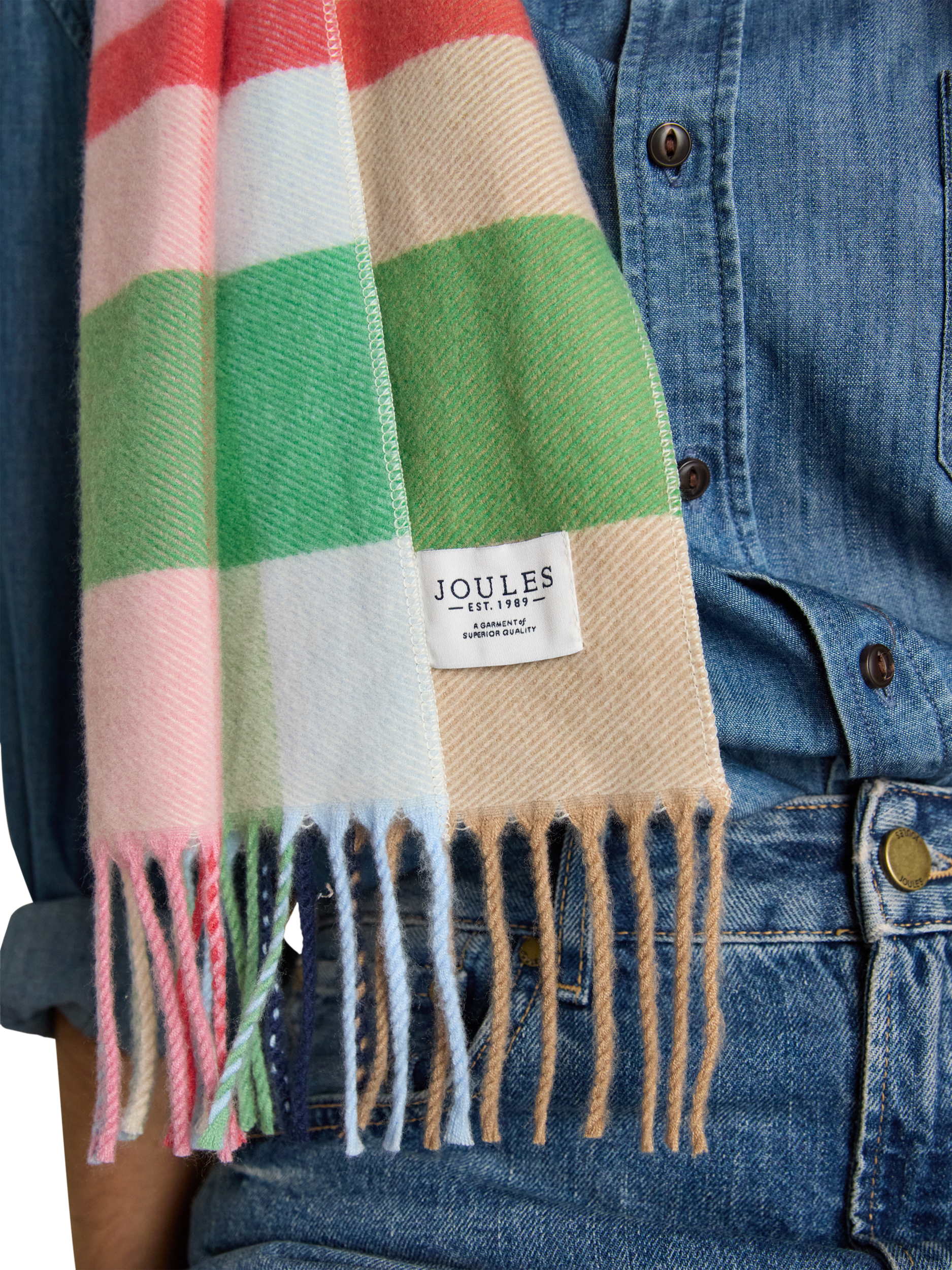 Product image 3 of 6, which shows Joules Langtree Check Scarf, Pink/Green, One Size