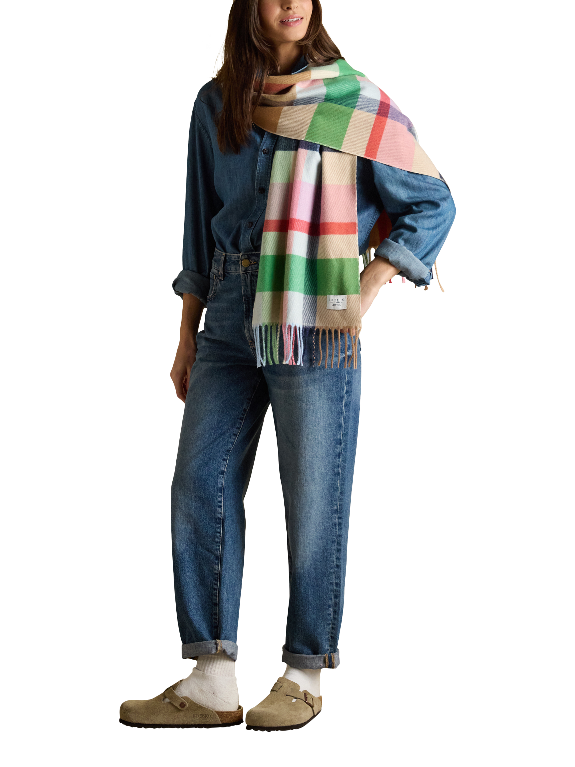 Product image 4 of 6, which shows Joules Langtree Check Scarf, Pink/Green, One Size