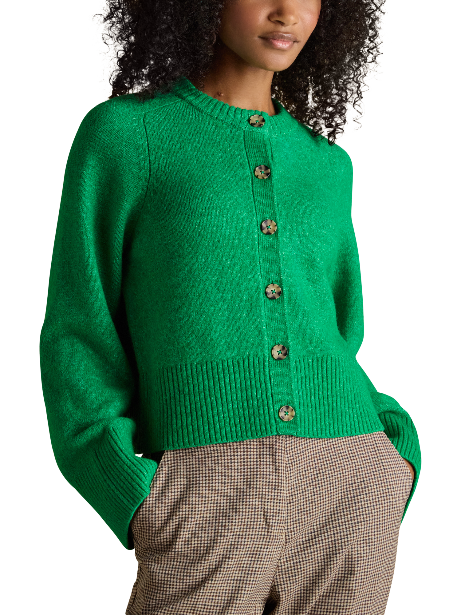 Product image 1 of 8, which shows Joules Crew Neck Relaxed Fit Cardigan, Green, XS
