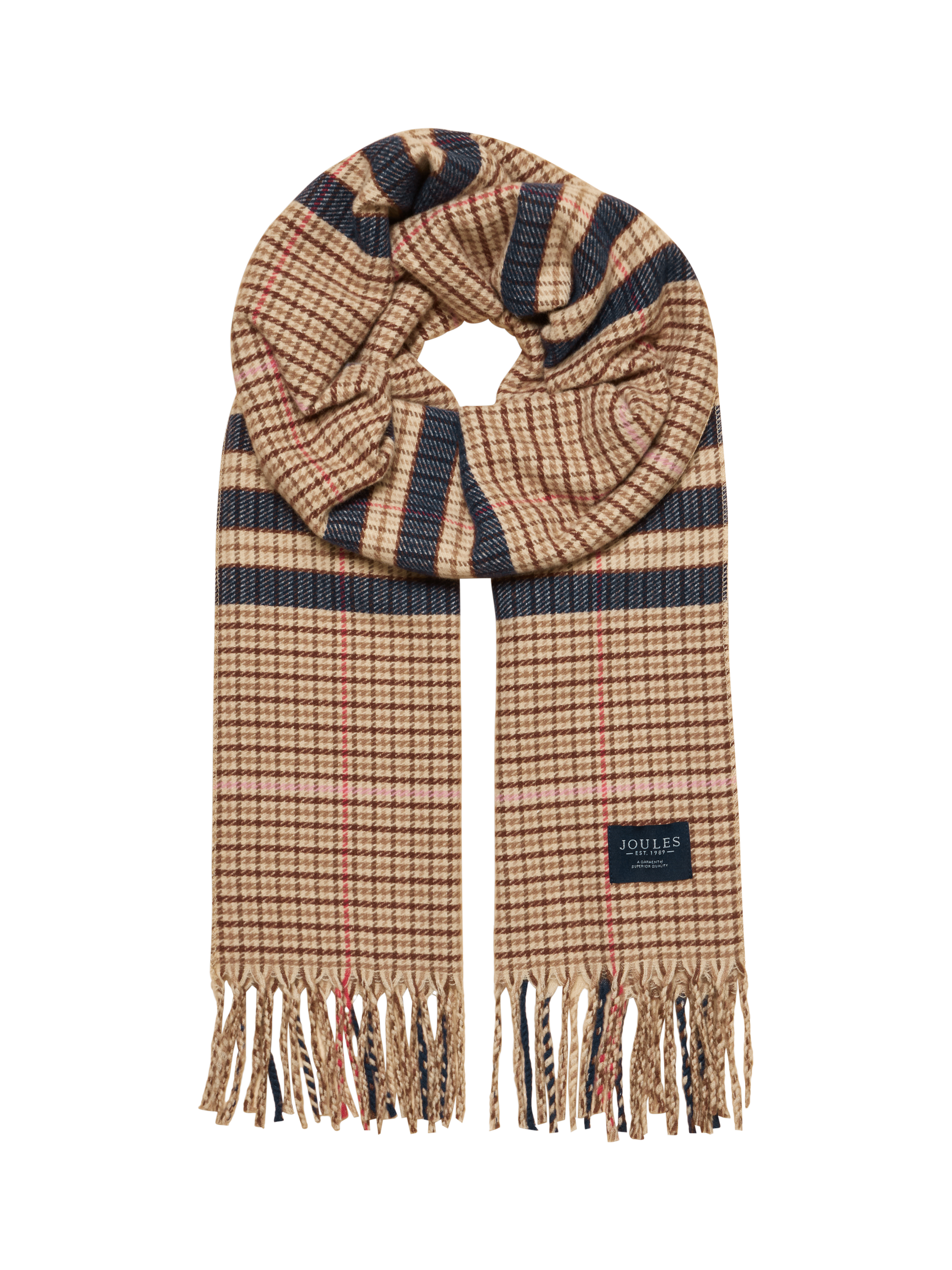 Product image 1 of 7, which shows Joules Langtree Check Scarf, Cream/Navy, One Size