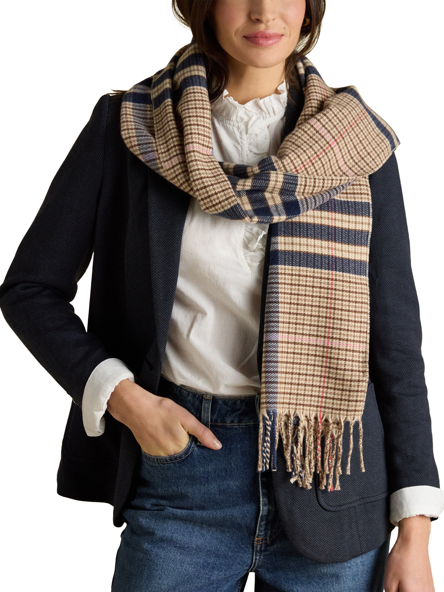 Product image 2 of 7, which shows Joules Langtree Check Scarf, Cream/Navy, One Size