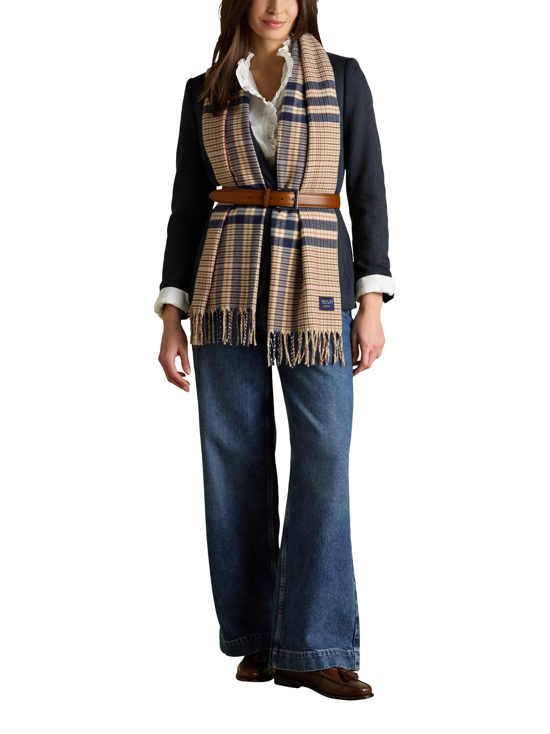 Product image 3 of 7, which shows Joules Langtree Check Scarf, Cream/Navy, One Size