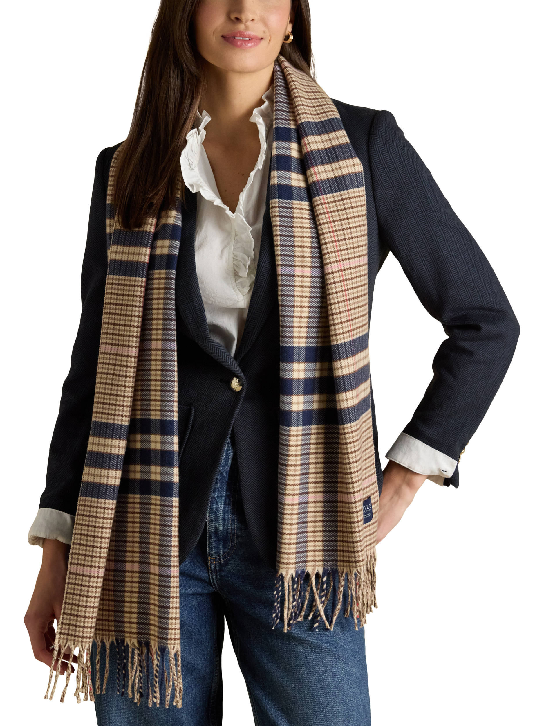 Product image 4 of 7, which shows Joules Langtree Check Scarf, Cream/Navy, One Size