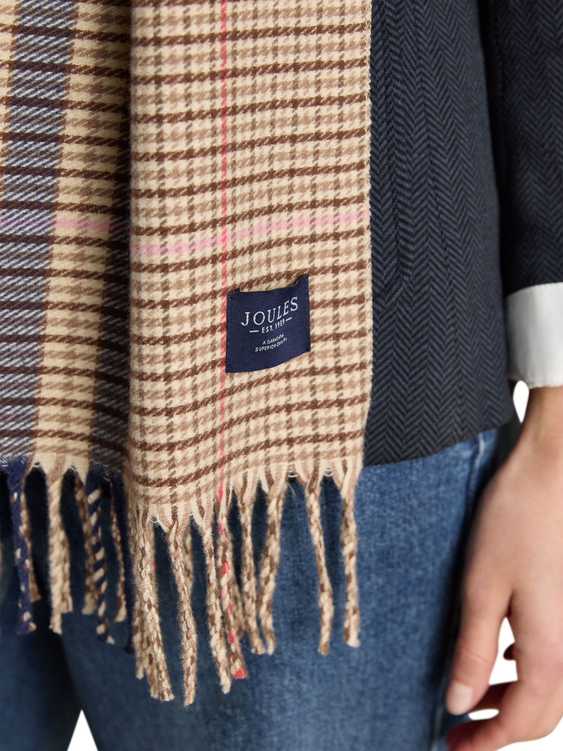 Product image 5 of 7, which shows Joules Langtree Check Scarf, Cream/Navy, One Size