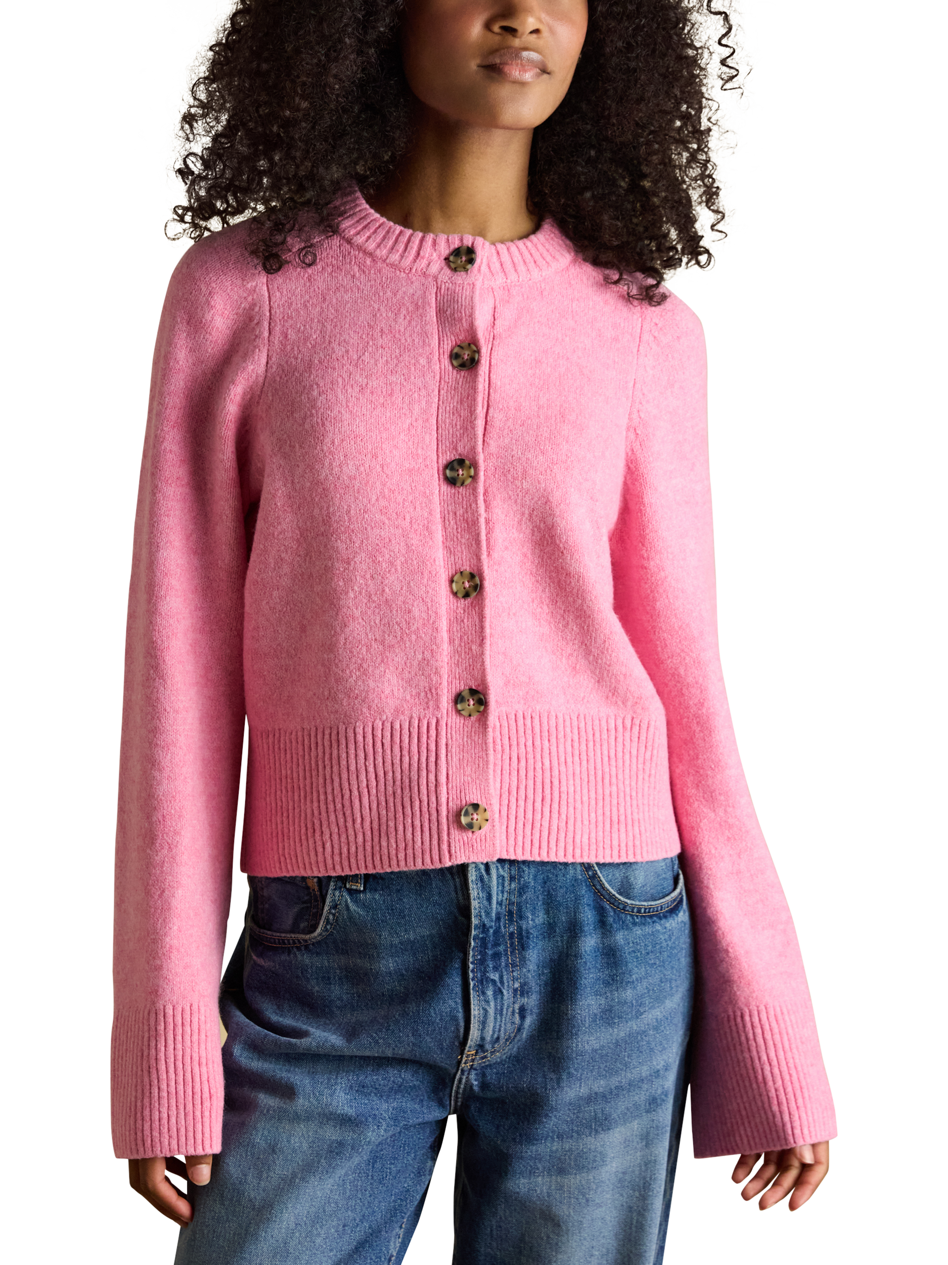 Product image 1 of 9, which shows Joules Round Neck Relaxed Fit Cardigan, Pink, XS