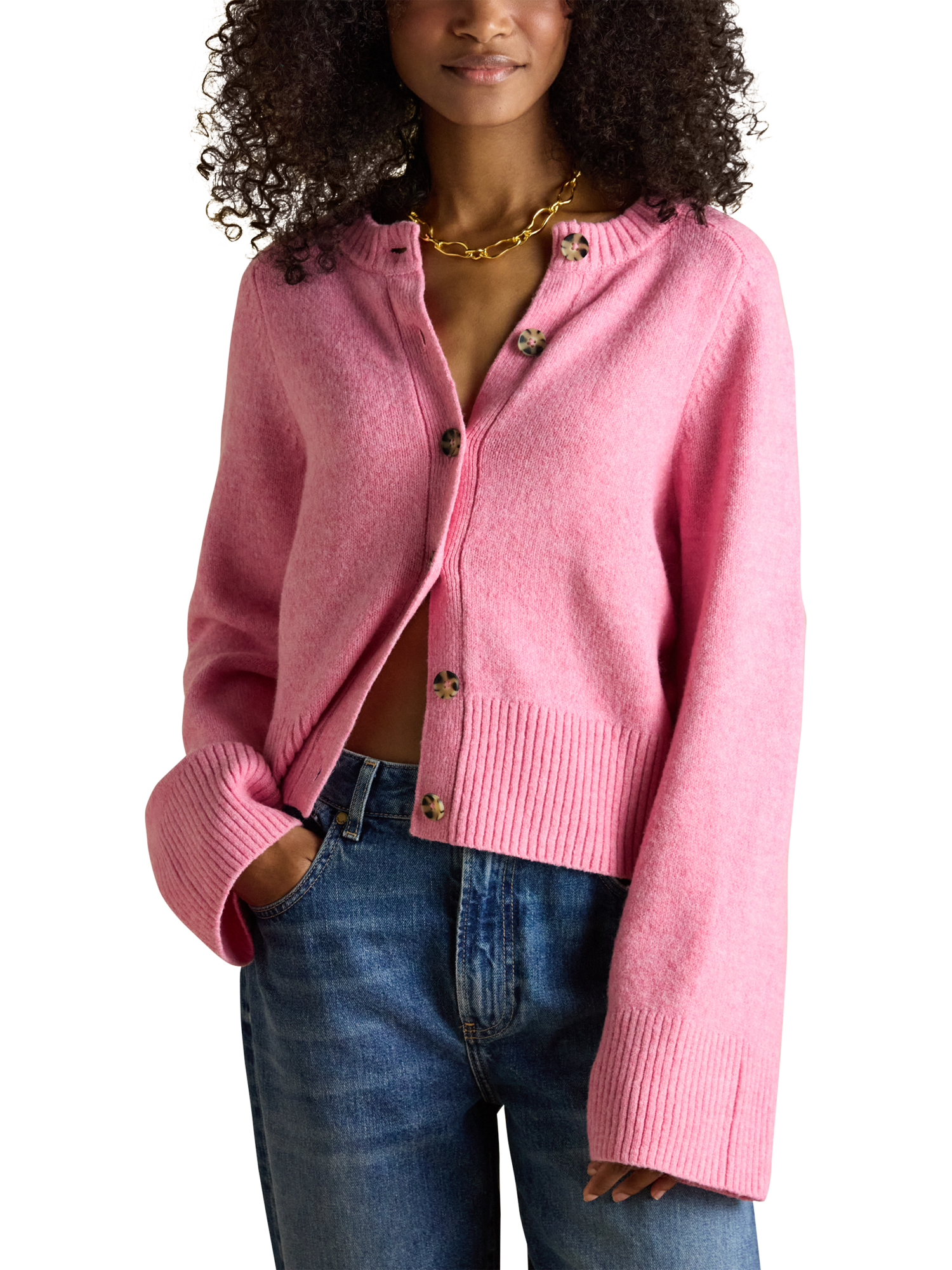 Product image 5 of 9, which shows Joules Round Neck Relaxed Fit Cardigan, Pink, XS