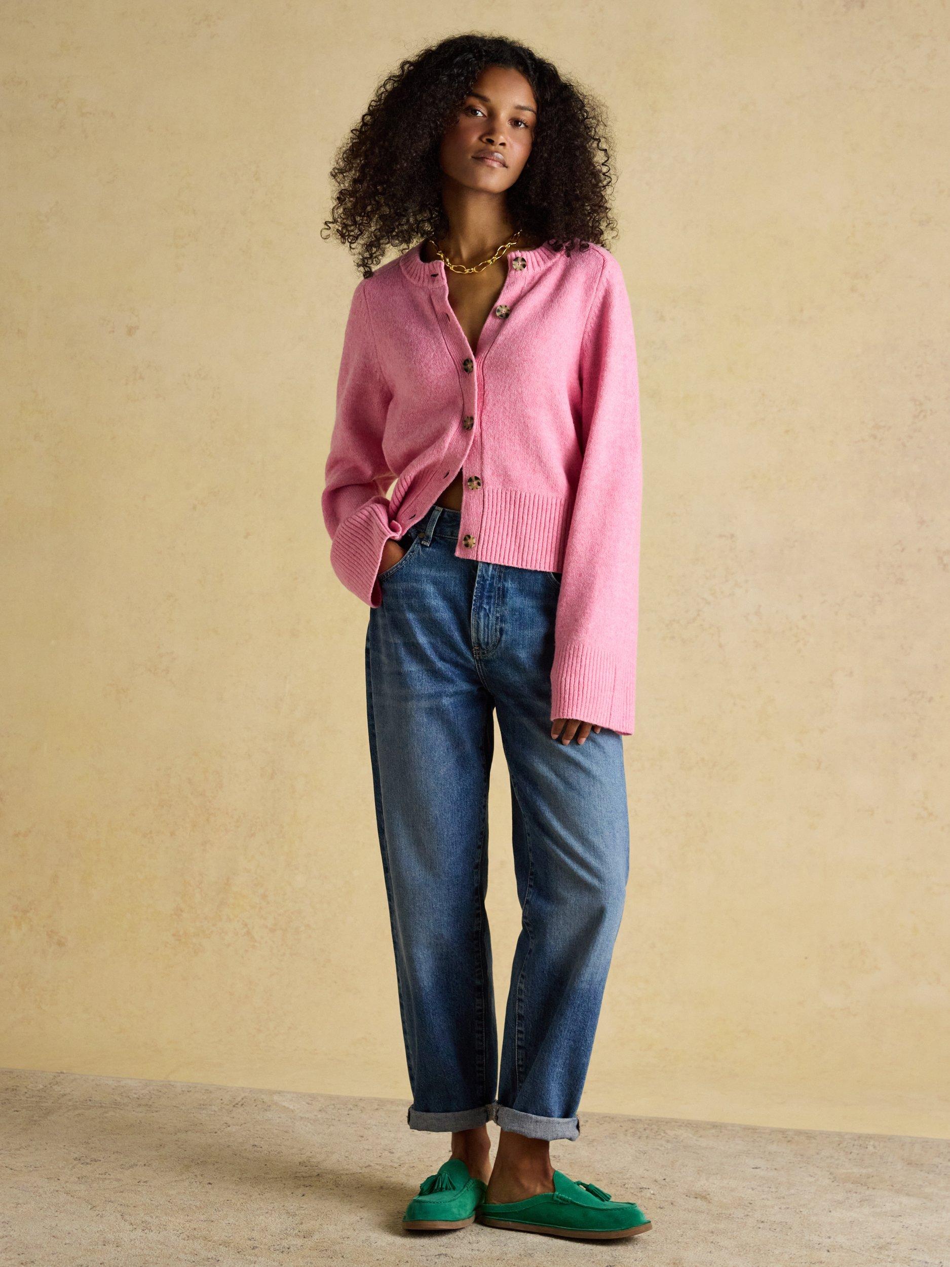 Product image 8 of 9, which shows Joules Round Neck Relaxed Fit Cardigan, Pink, XS