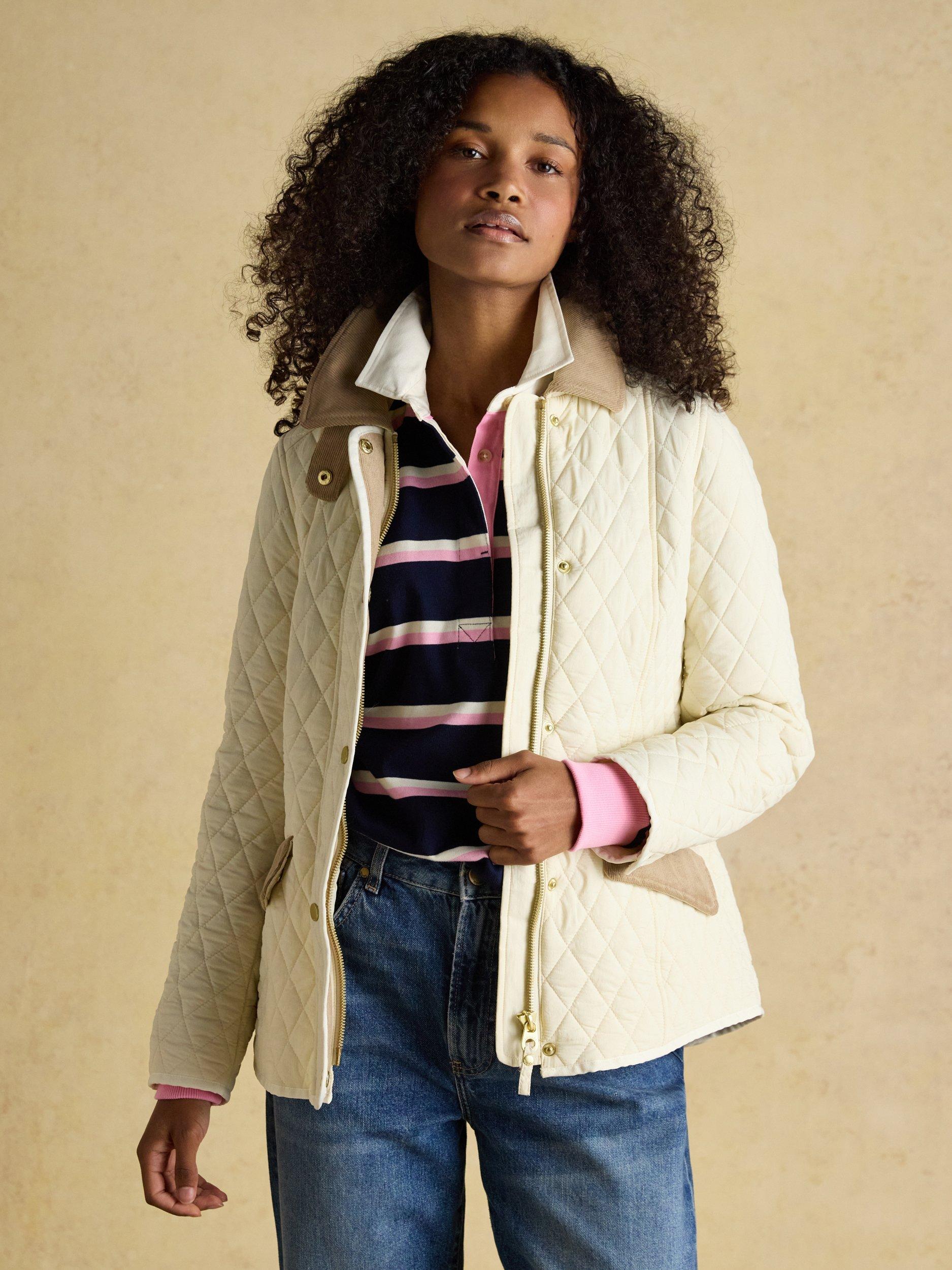 Product image 9 of 10, which shows Joules Highclere Quilted Showerproof Jacket, Neutral, 6