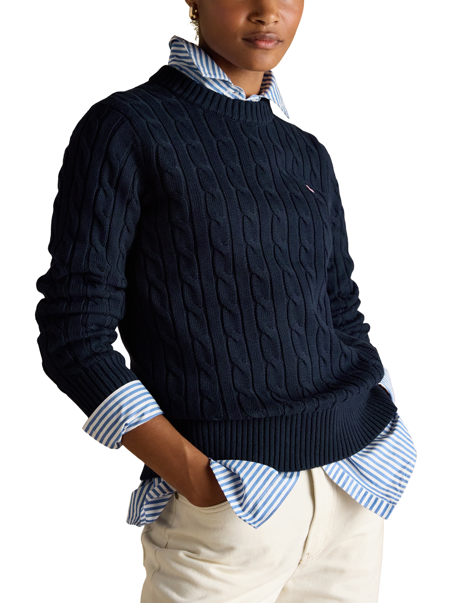 Product image 4 of 7, which shows Joules Crew Neck Cable Knit Jumper, Navy, 6