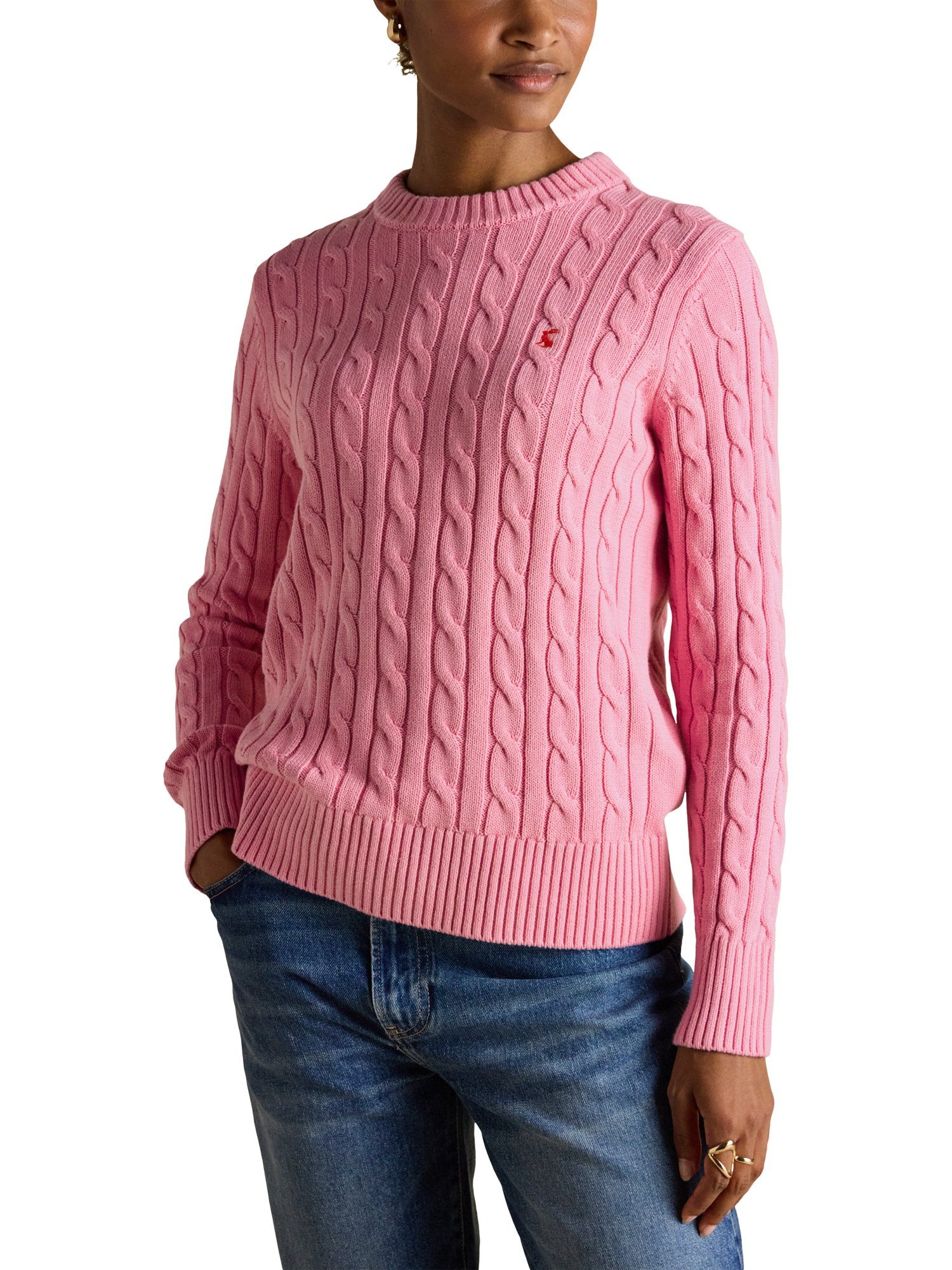 Product image 1 of 9, which shows Joules Crew Neck Cable Knit Jumper, Pink, 6