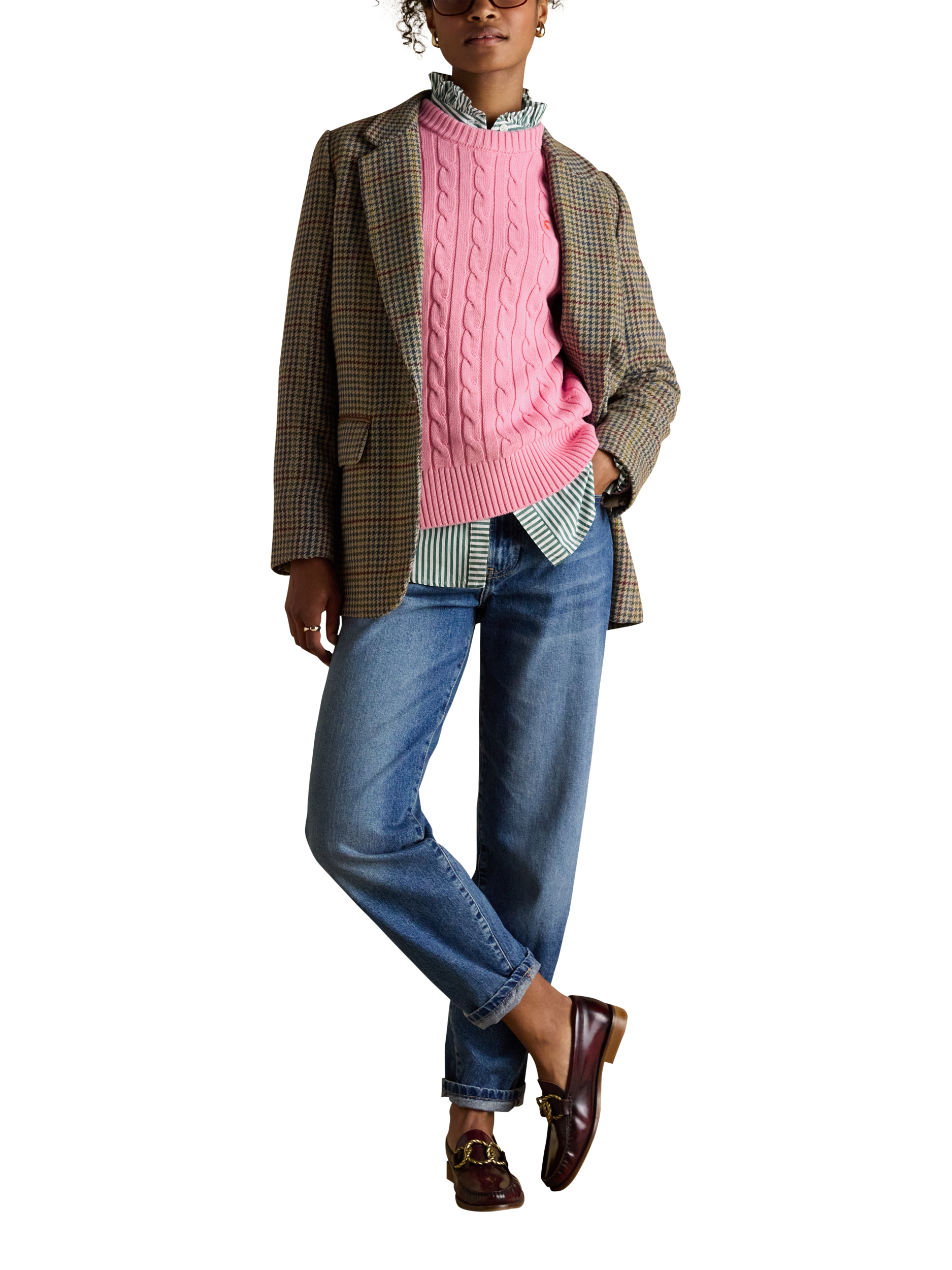 Product image 4 of 9, which shows Joules Crew Neck Cable Knit Jumper, Pink, 6