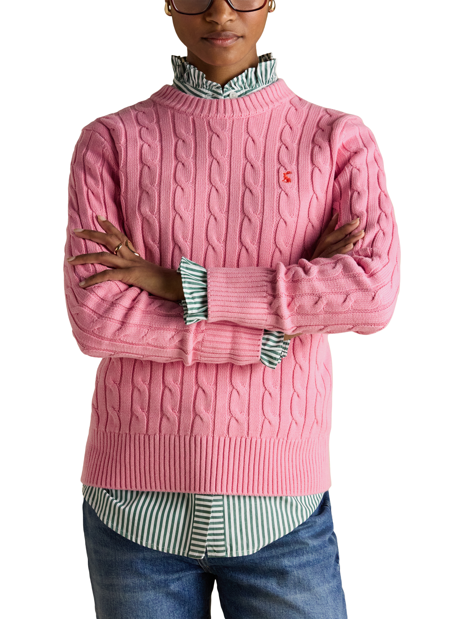 Product image 6 of 9, which shows Joules Crew Neck Cable Knit Jumper, Pink, 6