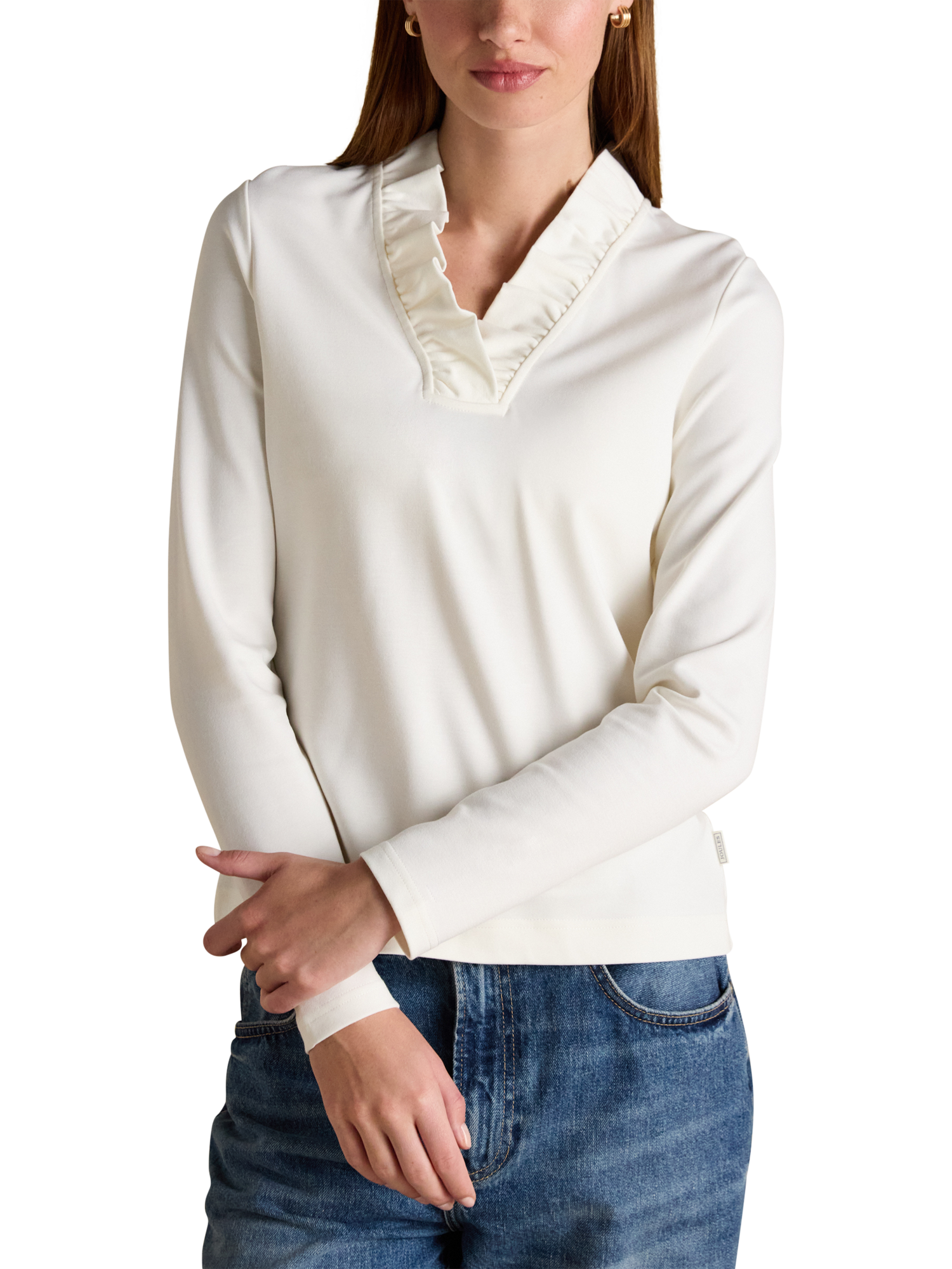 Product image 1 of 6, which shows Joules Heidi Frill Neck Top, Cream, 6
