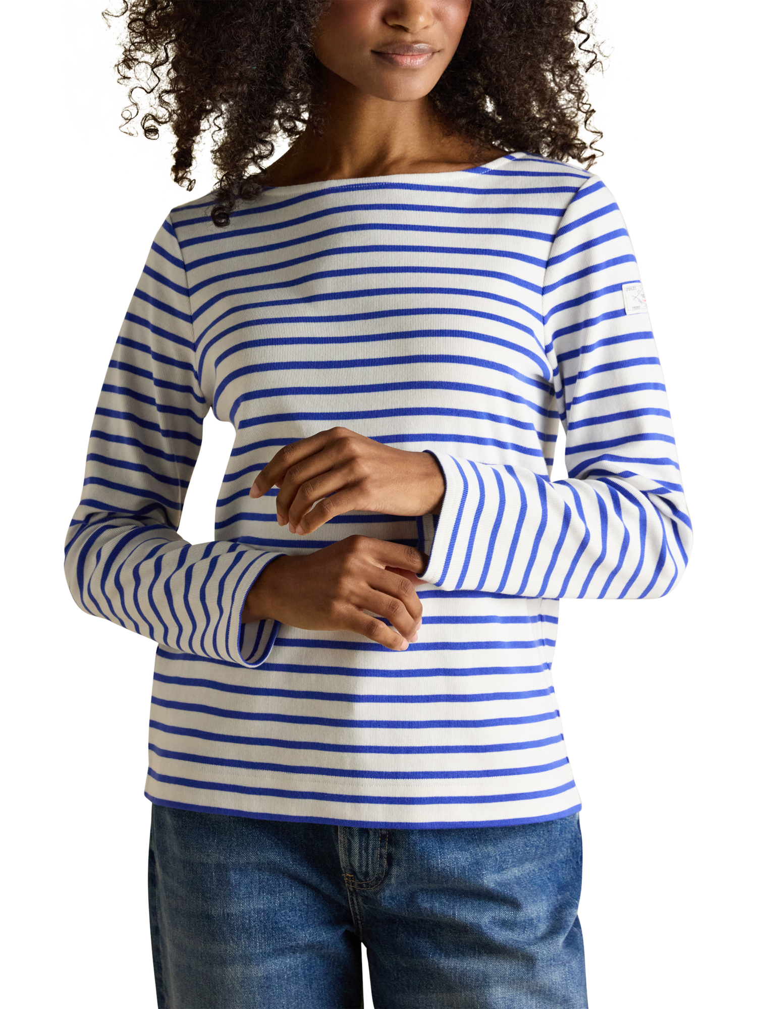 Product image 1 of 8, which shows Joules Harbour Breton Stripe Top, Cream/Blue, 6