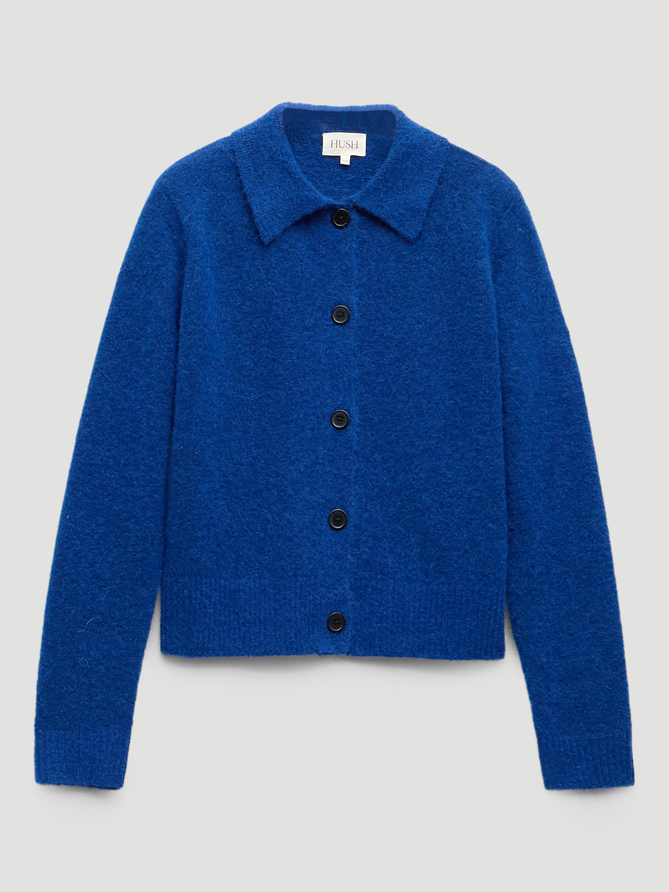 Product image 4 of 5, which shows HUSH Cedar Collar Detail Wool Rich Cardigan, Deep Blue, L-XL