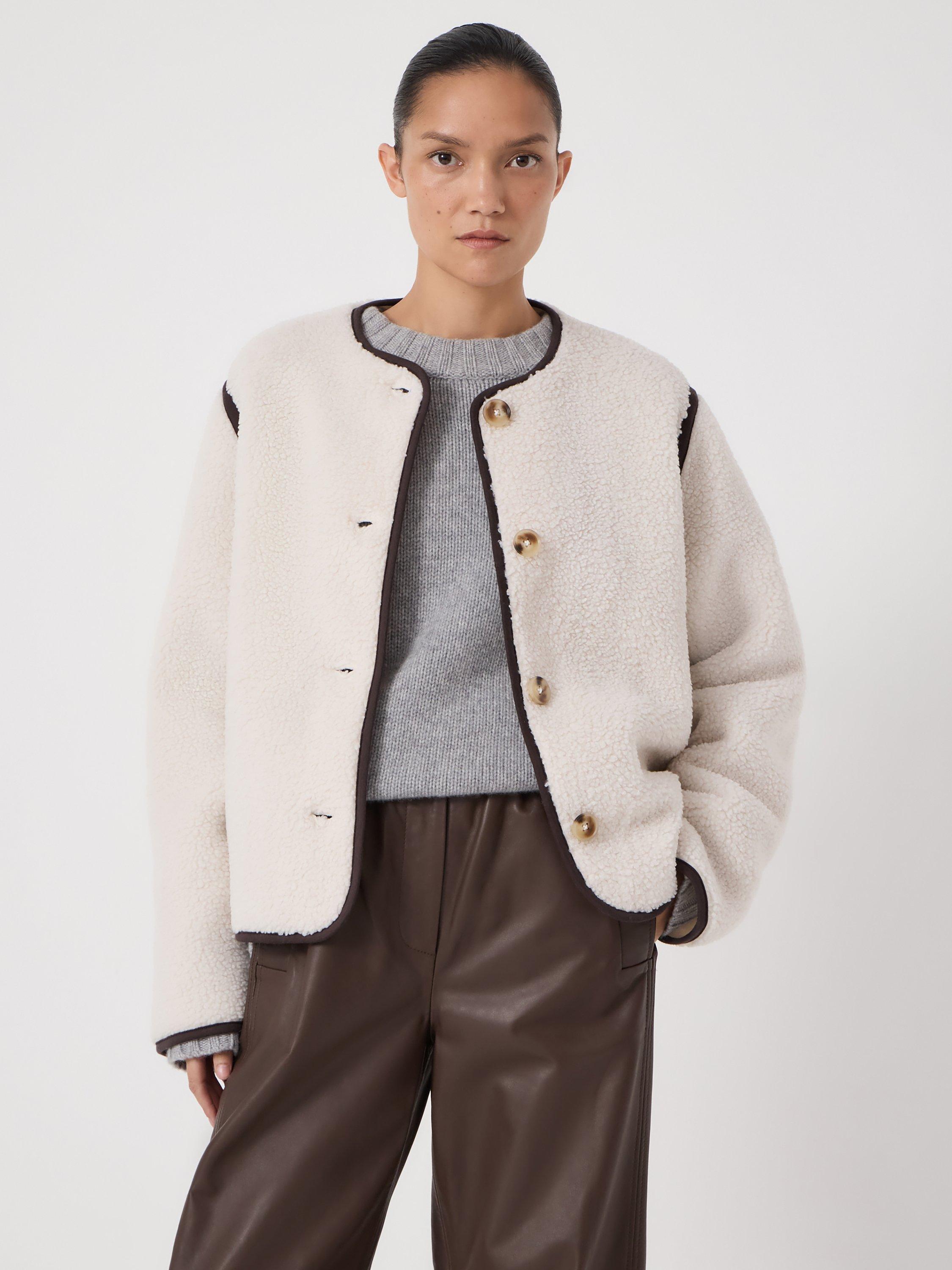 Product image 1 of 5, which shows HUSH Alina Contrast Trim Boucle Jacket, Stone White, L-XL