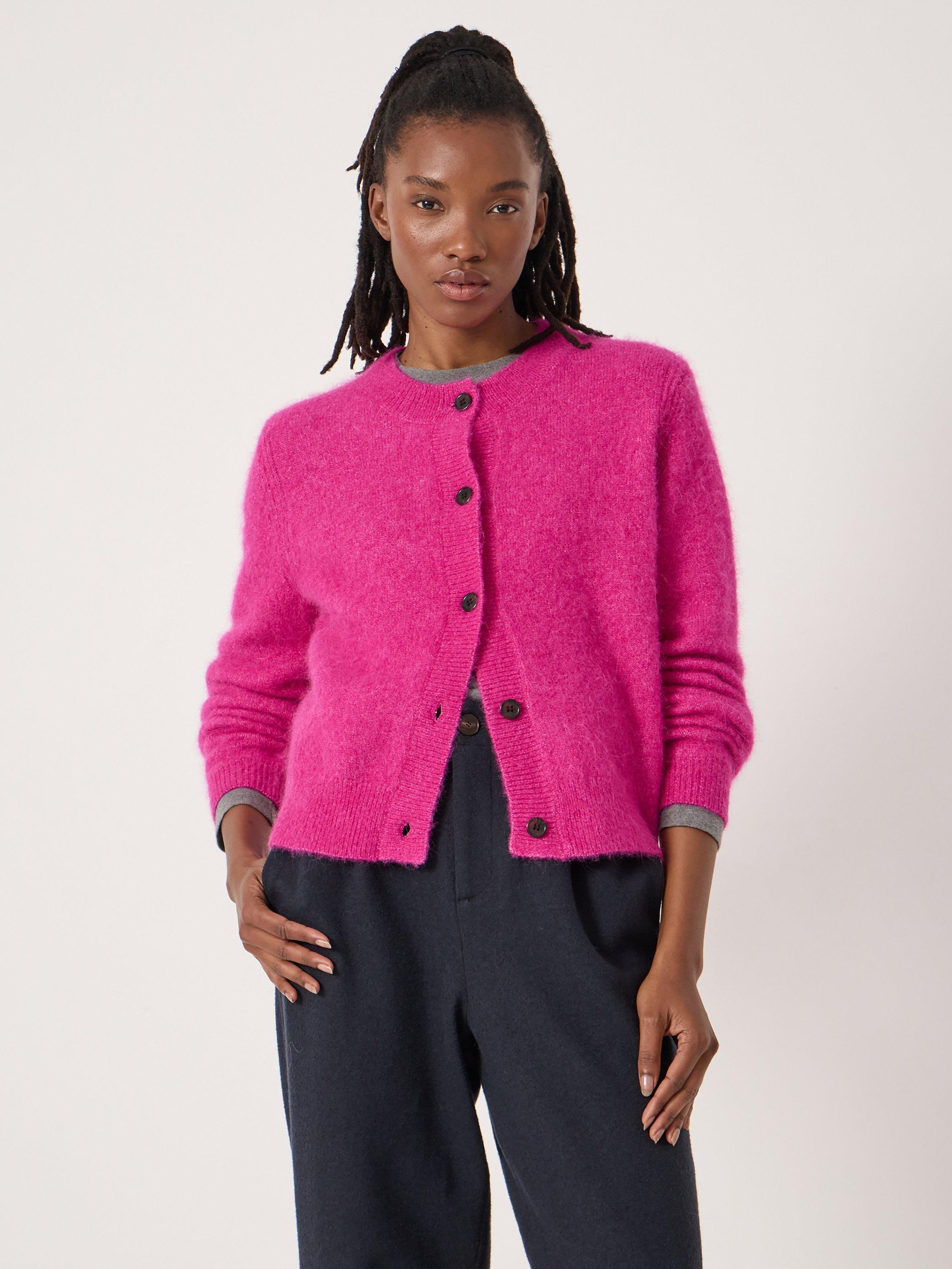 Product image 1 of 5, which shows HUSH Perrin Wool Blend Cardigan, Magenta Pink, L-XL