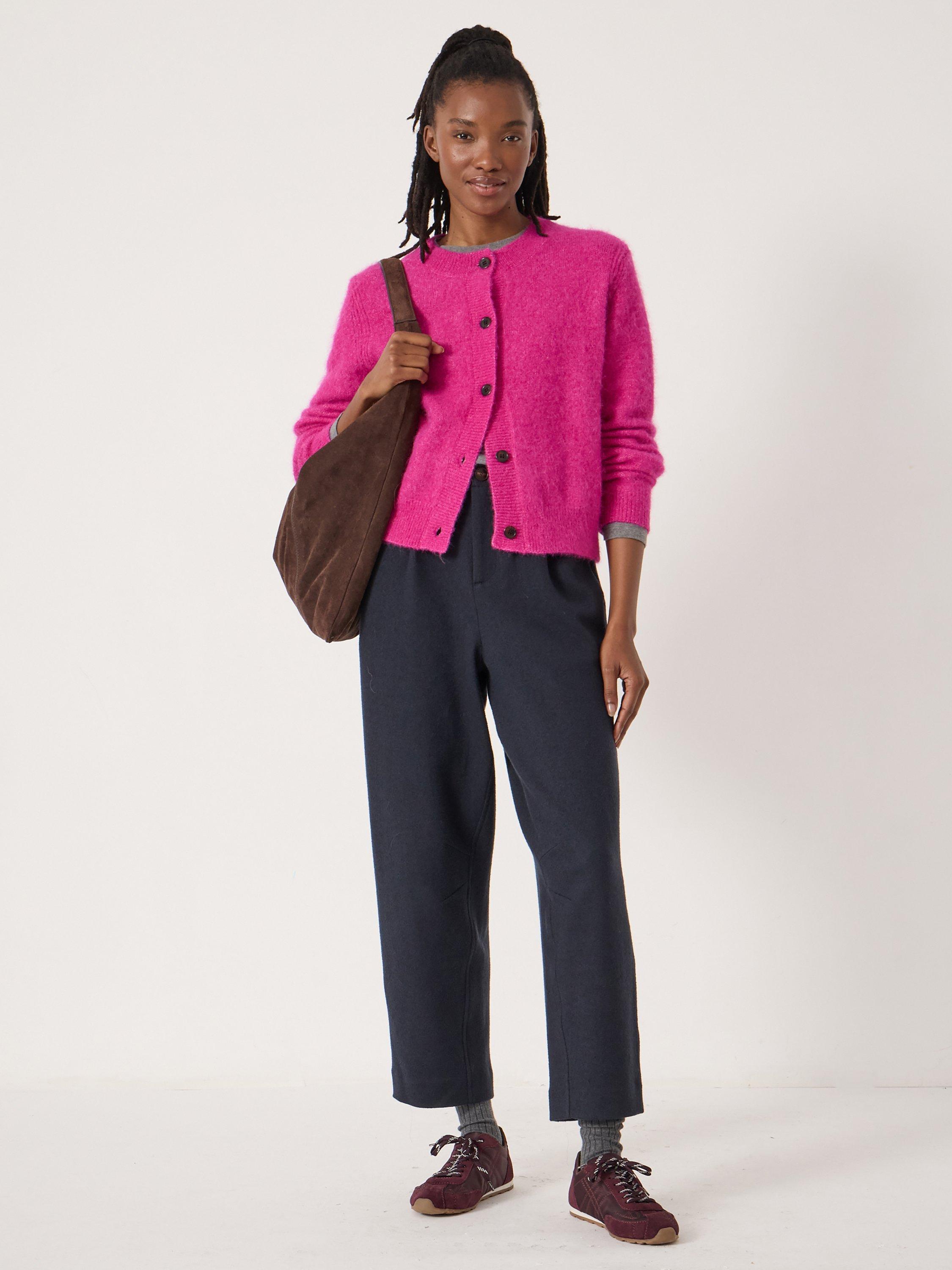 Product image 2 of 5, which shows HUSH Perrin Wool Blend Cardigan, Magenta Pink, L-XL