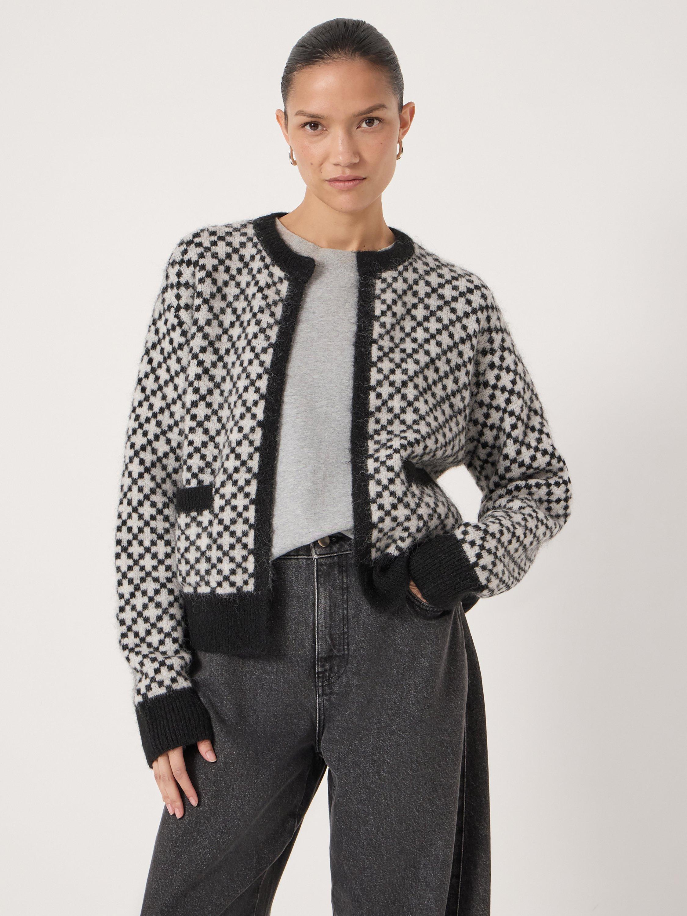 Product image 1 of 5, which shows HUSH Jacquard Edge to Edge Wool Cardigan , Black/Grey, L-XL