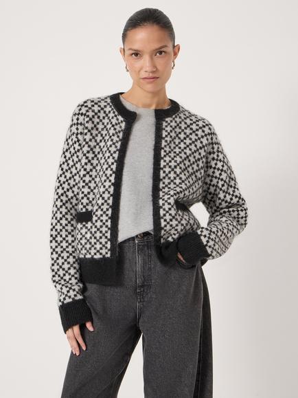 HUSH Jacquard Edge to Edge Wool Cardigan, Black/Grey