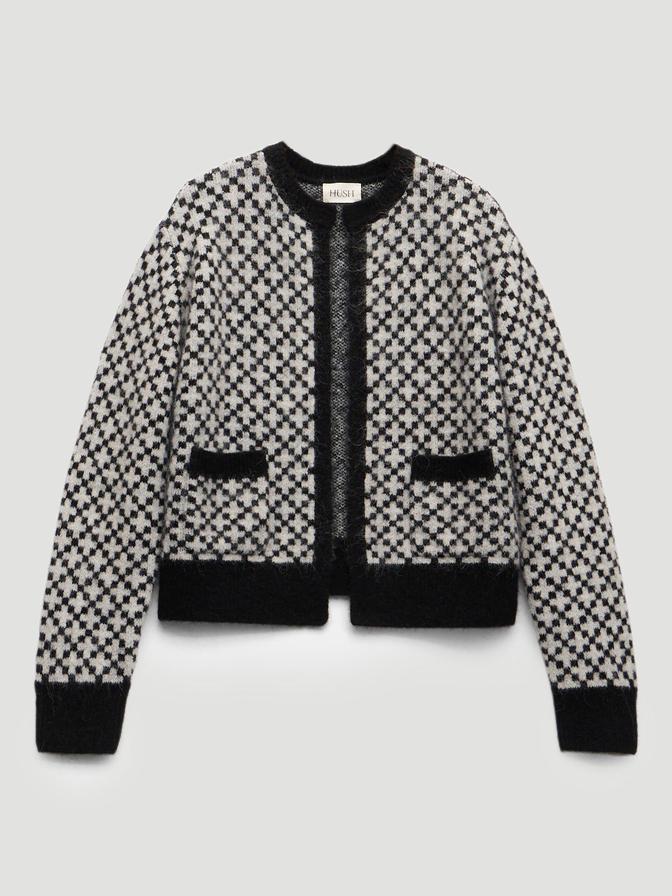 Product image 4 of 5, which shows HUSH Jacquard Edge to Edge Wool Cardigan , Black/Grey, L-XL