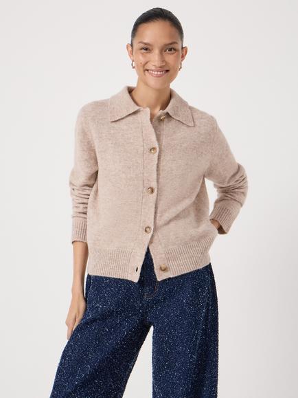 HUSH Cedar Collar Detail Wool Rich Cardigan, Oatmeal