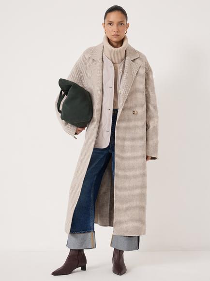 HUSH Mili Wool Double Faced Checked Coat, Oatmeal Grey