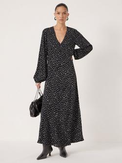 HUSH Grace V-Neck Long Sleeve Polka Dot Dress, Black/White