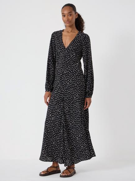 HUSH Grace V-Neck Long Sleeve Polka Dot Dress, Black/White