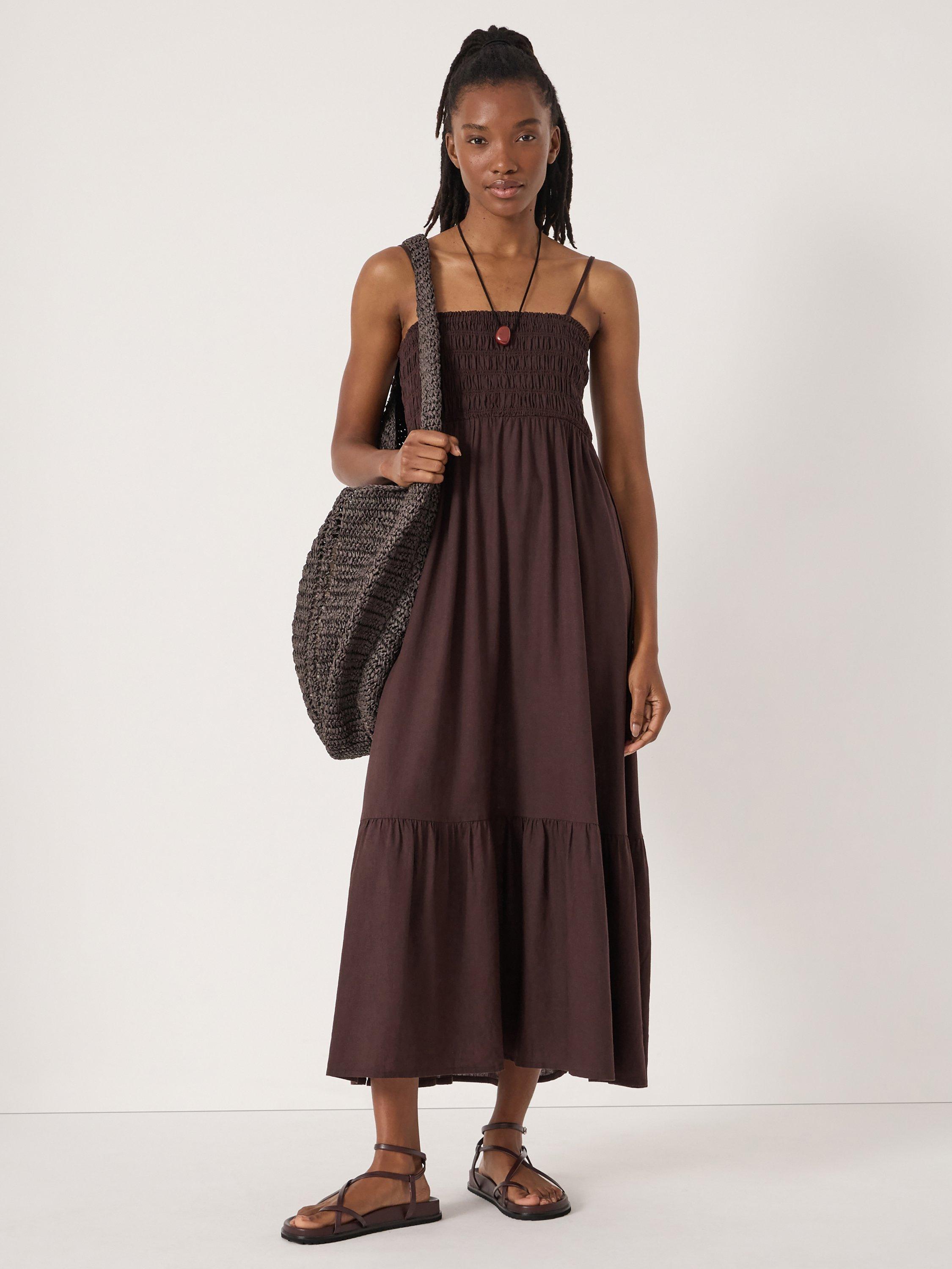 Product image 1 of 6, which shows HUSH Leni Shirred Linen Beach Dress , Dark Brown, L-XL