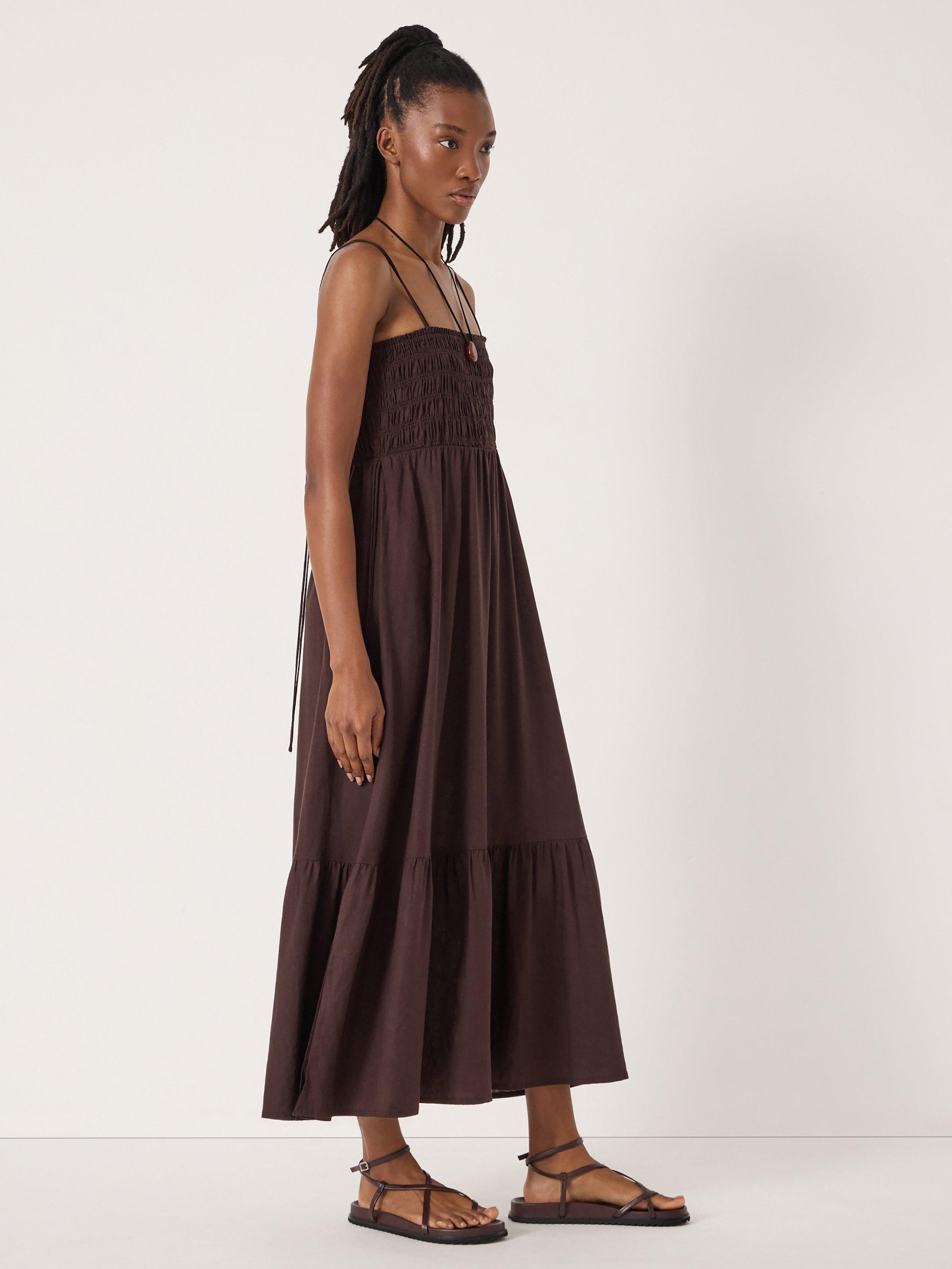 Product image 2 of 6, which shows HUSH Leni Shirred Linen Beach Dress , Dark Brown, L-XL
