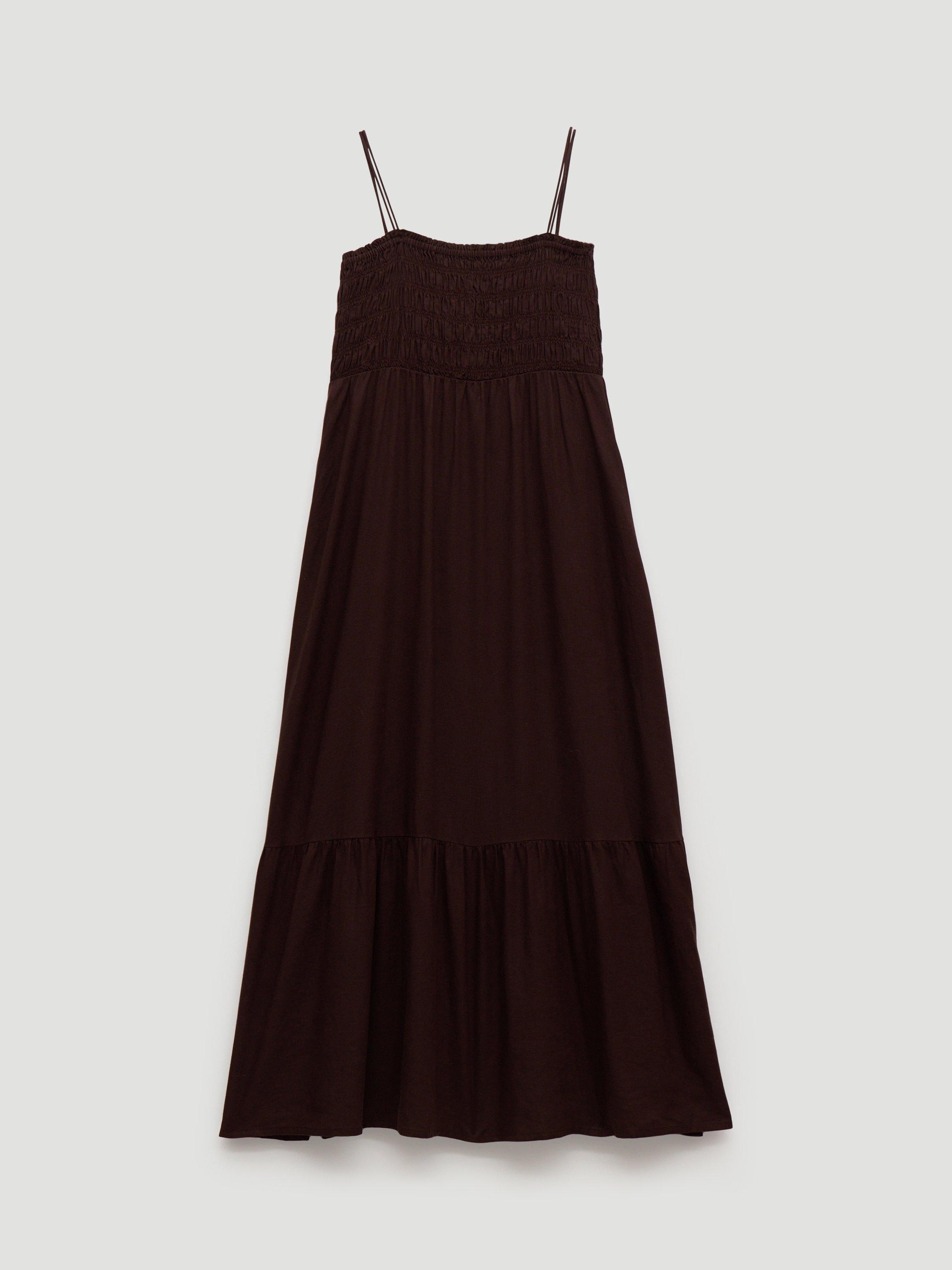 Product image 4 of 6, which shows HUSH Leni Shirred Linen Beach Dress , Dark Brown, L-XL